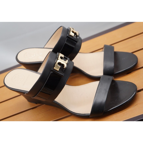 Tory Burch Women’s Black Leather Slide Wedges SZ 9 - Picture 6 of 16